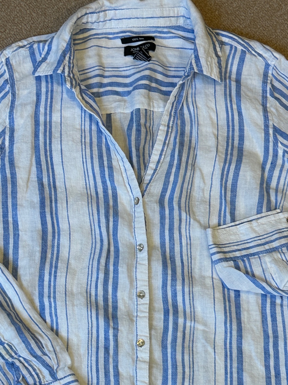 100% Linen Blue & White Striped Button up Shirt Women jones & co NY M seersucker - Picture 9 of 13